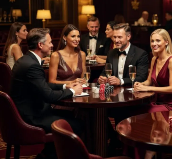 Luksusowa sala eventowa z pokerowymi stołami i elegancką oprawą świetlną