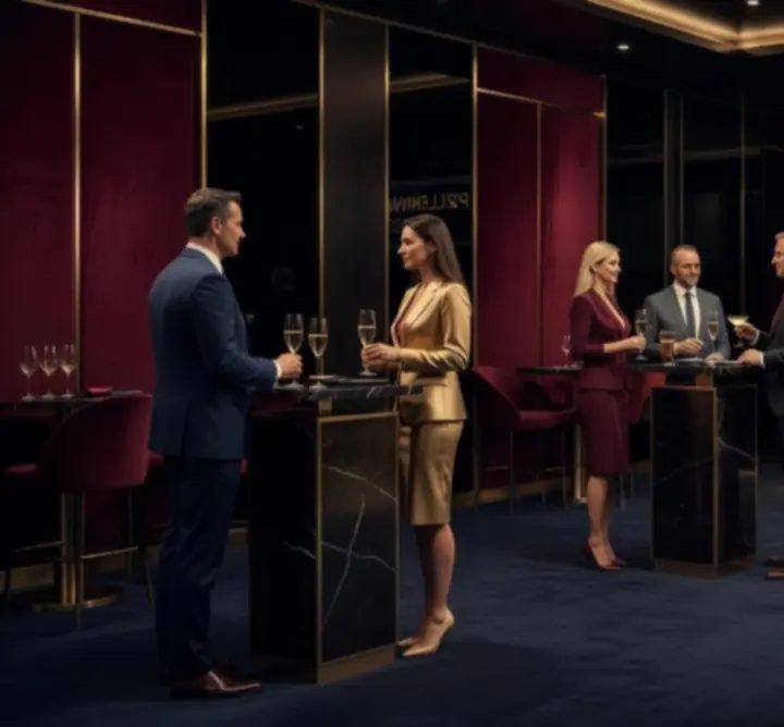 Luksusowy event korporacyjny w stylu kasyna z elegancką scenografią i stołami do gier