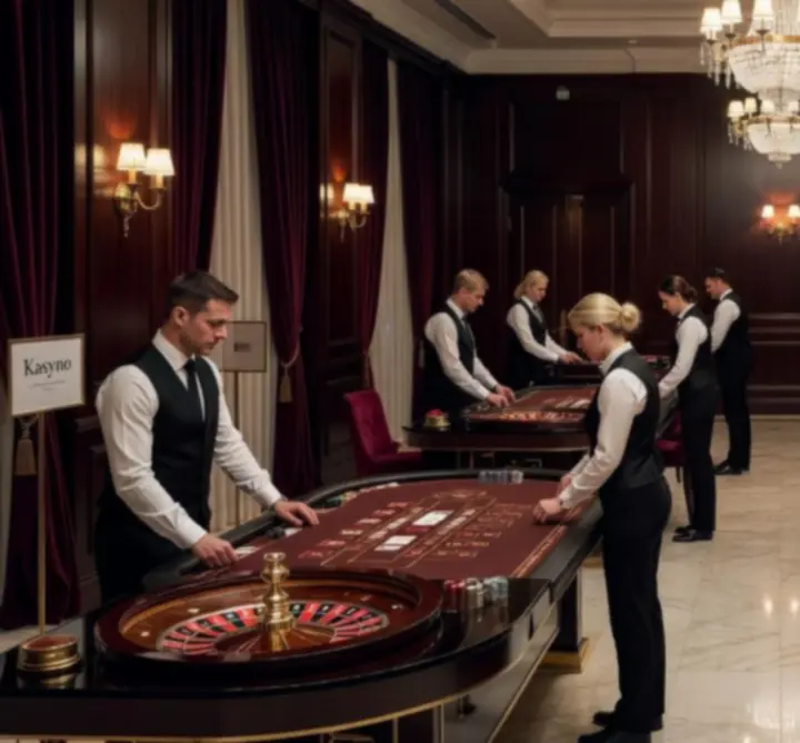 Przygotowanie stołów i oświetlenia na premium event casino